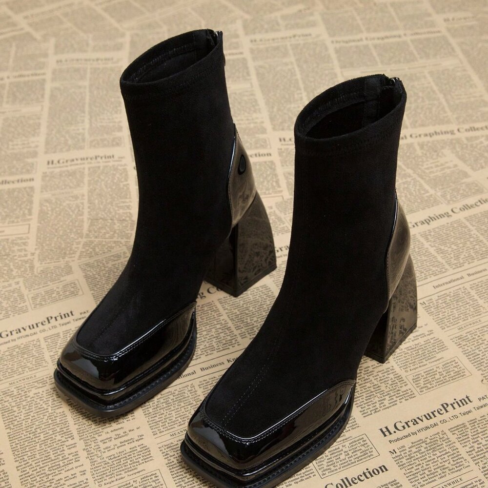 Black Elegant Women's Waterproof Platform Heel High Boots - Picture 2 of 5